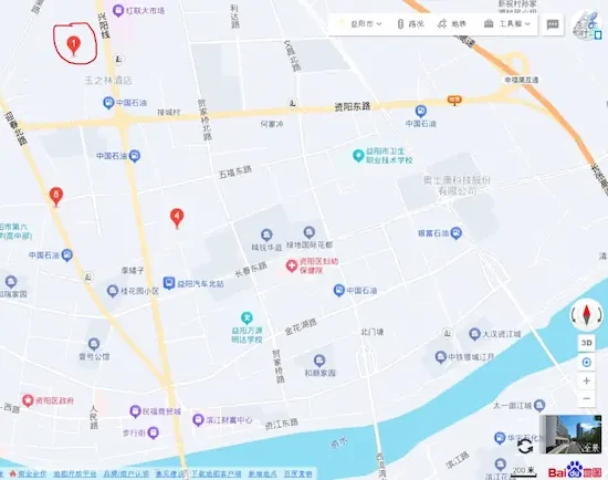 百度地图定位截图：新塘十五号生活超市所在位置与周边道路，位于益阳市资阳区长春经开区接城堤社区