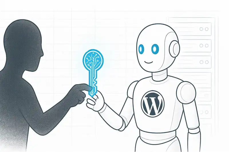 一张示意图，描绘了管理员将代表文件系统权限的数字钥匙交给WordPress机器人，背景是服务器蓝图，象征着解决1Panel面板中的FTP权限问题。