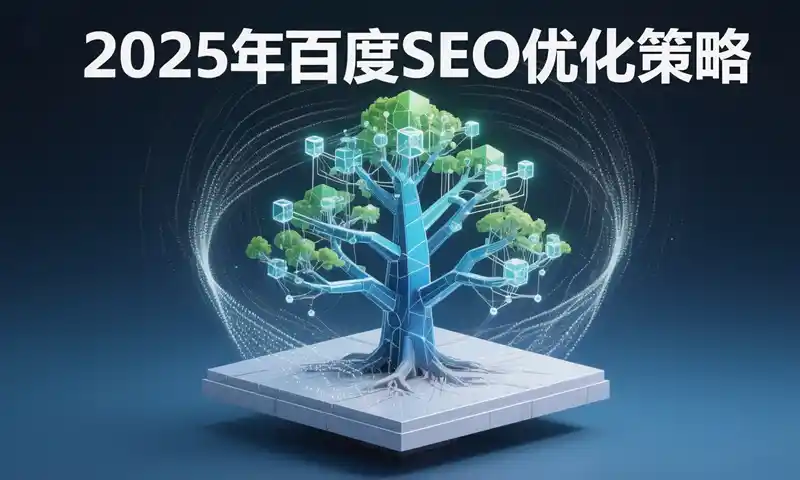 2025年百度SEO优化策略概念图，展示网站结构如树木般生长，数据节点连接，象征流量增长与排名稳定，科技蓝与生态绿配色，3D等距插画风格，无真人出镜。