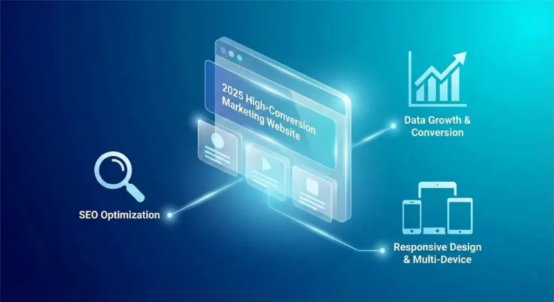 2025年高转化率营销型网站建设架构图，包含SEO优化与响应式设计元素