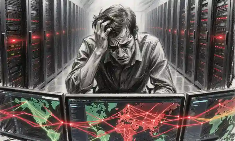 素描风格展示2025年11月18日晚Cloudflare突然崩溃导致全球网络服务中断的紧急场景