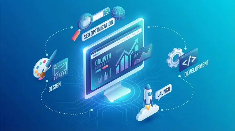 企业网站建设全流程示意图，涵盖设计、开发与SEO优化