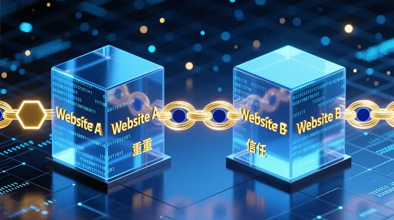 一张展示两个网站通过高质量友情链接交换建立合作与信任关系的抽象概念图