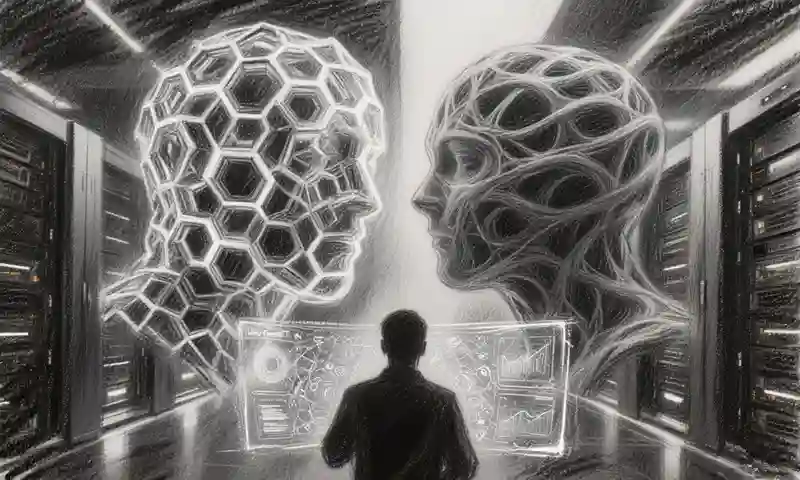 素描风格展示Gemini 3与GPT-5在未来数据中心进行的AI推理能力对决