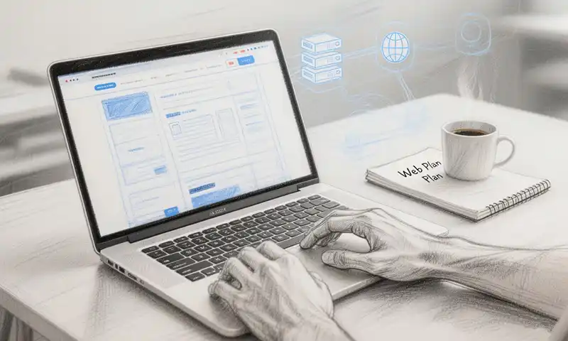 从零开始搭建网站的全流程素描示意图，展示域名、服务器与代码构建过程