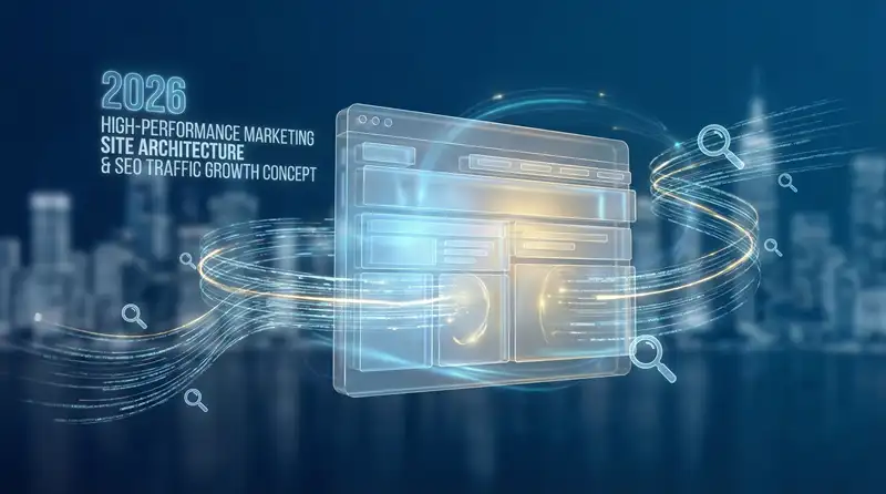 2026年高性能营销型企业网站架构与SEO流量增长概念图