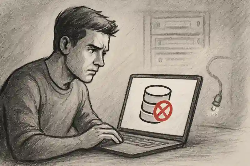 一位开发者正在电脑前排查WordPress“建立数据库连接时出错”问题的素描插画