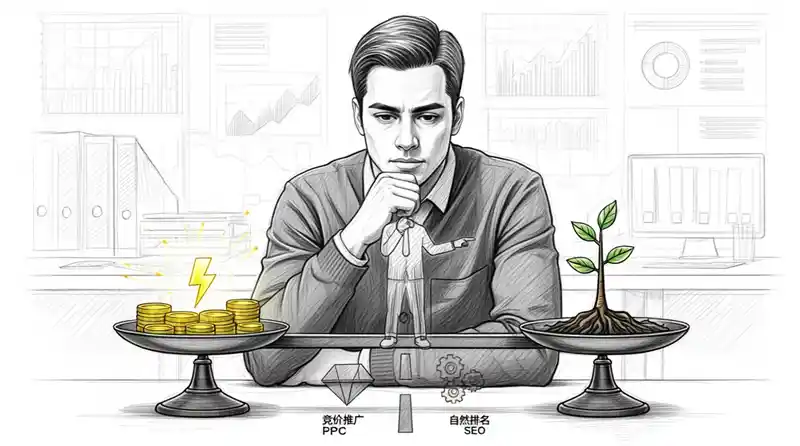 一位营销策略师正在思考竞价推广(SEM)与自然排名(SEO)之间的平衡策略