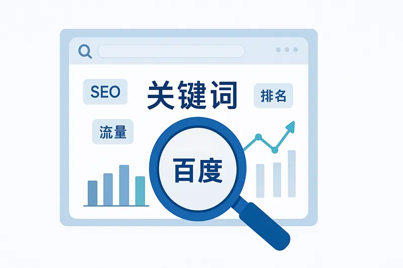 一张展示SEO关键词研究策略的插图,图中包含放大镜和数据图表