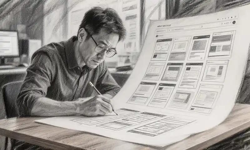 资深网站架构师正在规划专业的网站搭建过程与SEO架构草图