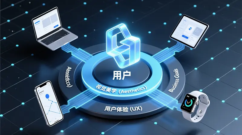 一张信息图，展示了好的网站设计如何围绕用户，融合视觉美学、用户体验和商业目标