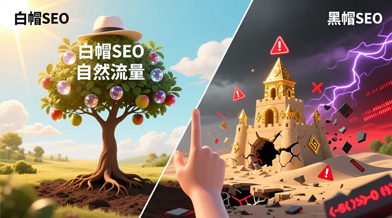白帽SEO与黑帽SEO的对比图,象征着为网站选择一条通往长期稳定发展的正确道路