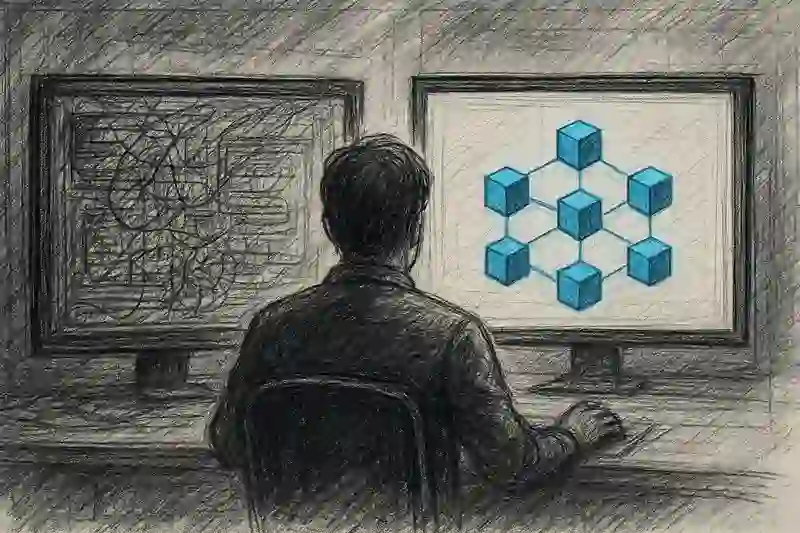 一位开发者正在进行服务器面板的选择，左边是代表宝塔面板的混乱界面，右边是代表1Panel的整洁、基于容器的模块化界面，象征着技术的升级与选择。