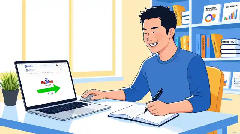 位新手正在学习如何做SEO,并看到了网站在百度排名提升的图表示意