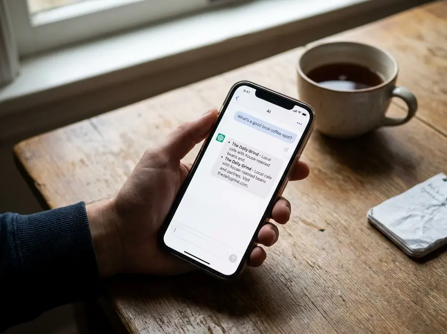 益阳老板手持手机查看AI工具回答，屏幕上显示本地企业官网信息