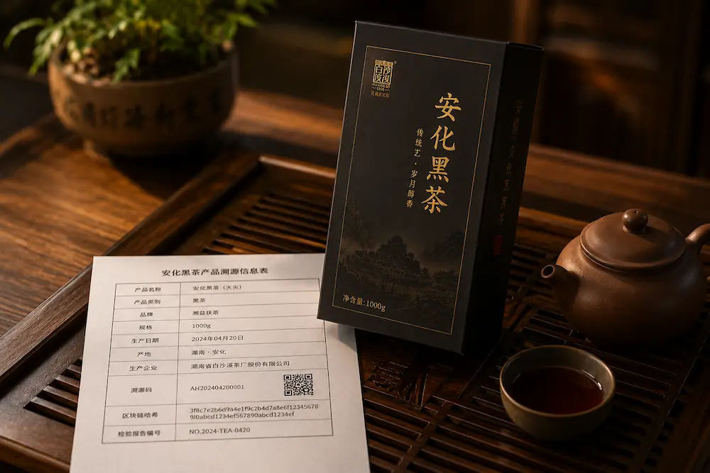 老周客户茶桌上放着的高端黑茶包装盒和打印出来的网站结构化数据资料