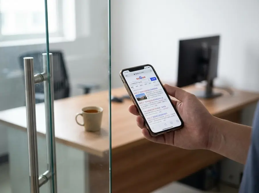 益阳实体店内老周正拿着手机演示搜厂名直接跳出官网的画面