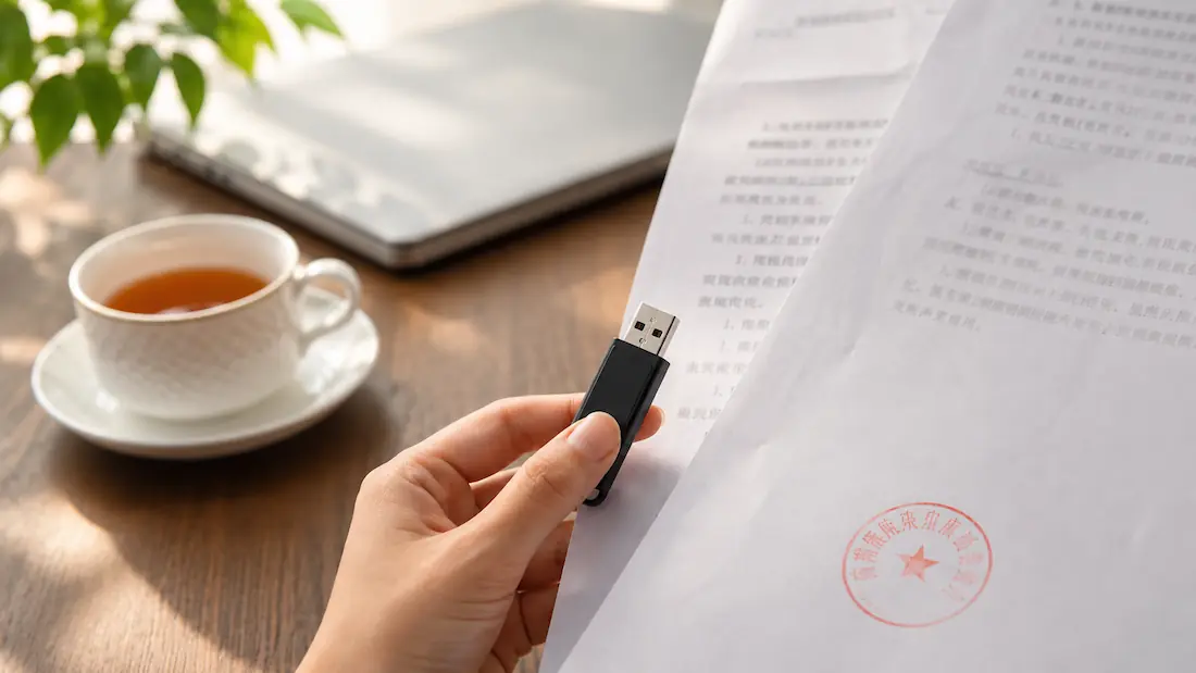 一只手将一个黑色U盘和一份盖了红章的纸质资料放在益阳新塘十五号实体店的木桌上，旁边是一杯热茶。