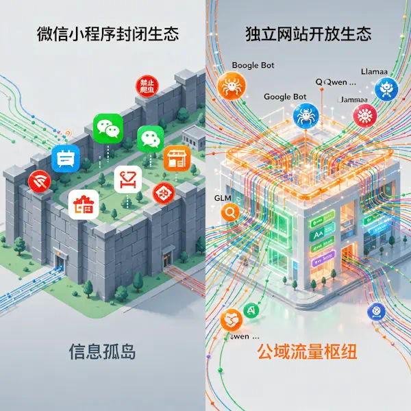 微信小程序封闭生态与独立网站大模型检索架构对比图