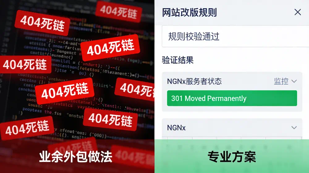 益阳老网站重构改版301重定向与权重迁移架构图