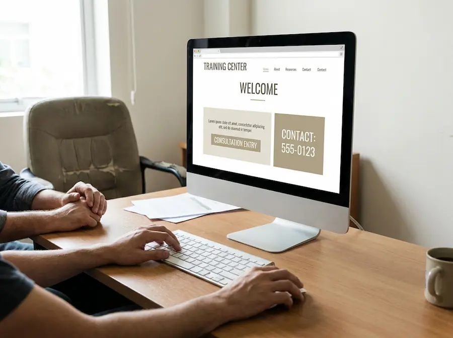 益阳实体店里老周在电脑前演示官网改版