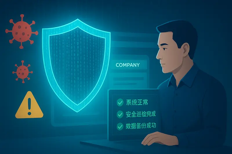 一位技术专家正在对益阳企业网站进行安全巡检与数据备份，强调定期维护的重要性
