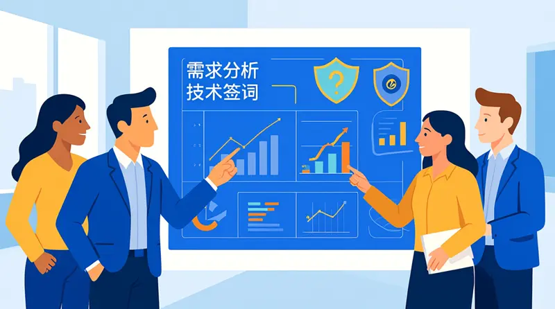 一张展示益阳网站建设团队正在规划网站蓝图的插画,图中包含用户界面和SEO图表元素