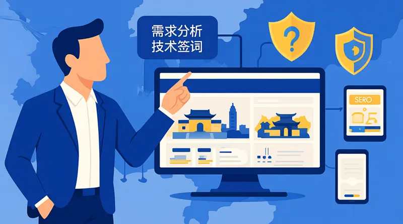 一张展示益阳企业网站建设流程与SEO优化要素的专业插画