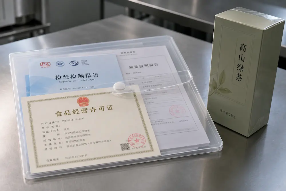 老周客户食品厂工作台上放着的卫生许可证和质检报告透明文件夹