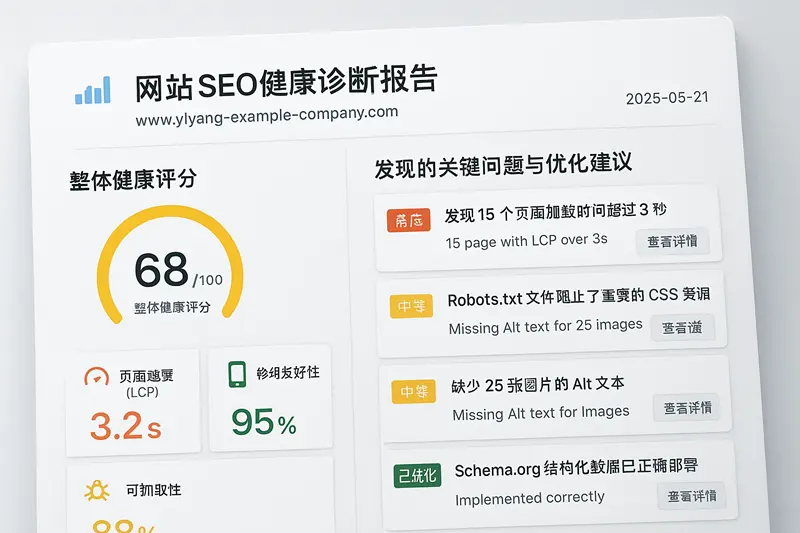 yiyang-wangzhan-jishu-seo-zhenduan-baogao 一份专业的益阳网站技术性SEO诊断报告,显示了网站速度、移动友好性和关键问题项