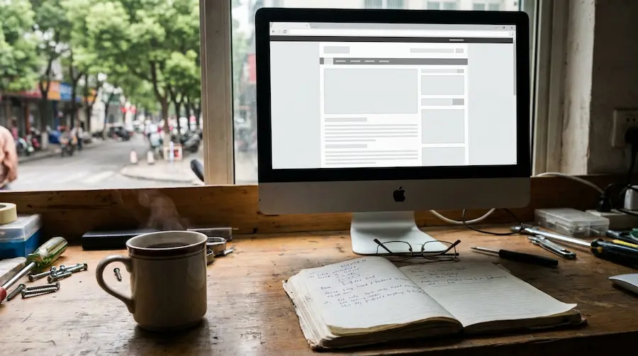 益阳新塘小区实体店内，老周正在电脑前帮客户梳理网站大白话内容