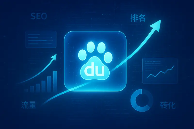 yiyang-wangzhan-seo-friendly-tech 一张代表益阳网站建设内置百度SEO基因的科技感图片,展示了排名增长曲线和数据分析