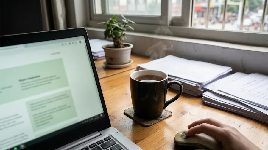 益阳实体店内，老周正在电脑上给网站编写干净纯粹的代码