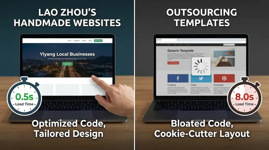 老周手工做网站和外包公司劣质套壳模板的区别对比，解决益阳企业网站打开慢的问题