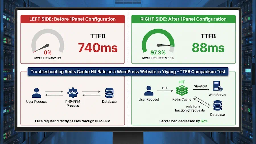 益阳 WordPress 网站 Redis 缓存命中率排障——1Panel 面板配置前后 TTFB 对比实测