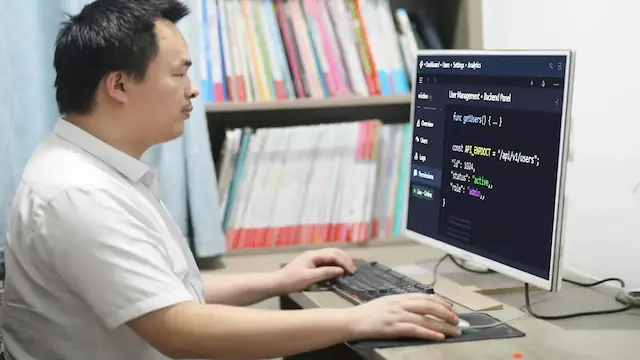 周庆华在益阳新塘小区店内用电脑做网站
